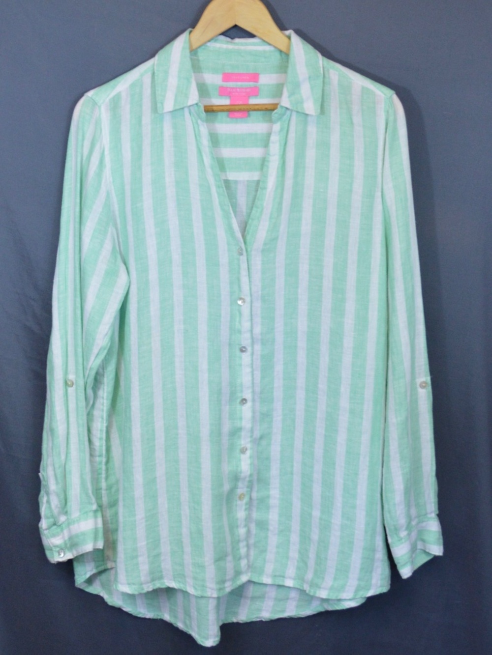 Isaac Mizrahi Linen Striped Tunic Shirt Mint Green White Roll Tab Size Medium
